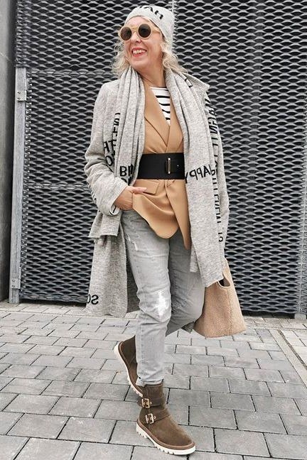 Long Grey Cardigan with Tan Sweater and White Jeans on older woman, cozy winter outfit for women over 60