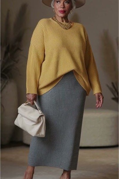 Mustard Sweater with Grey Ribbed Skirt on older woman, cozy winter outfit for women over 60