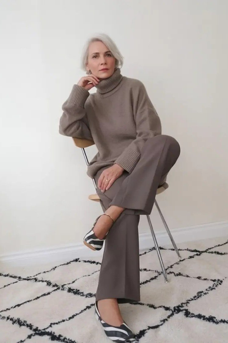 Taupe Knit Turtleneck Set on older woman, cozy winter outfit for women over 60
