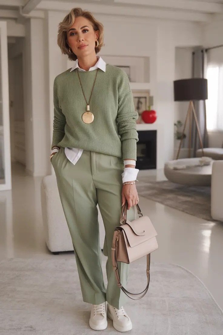Sage Green Knit Set with Pendant Necklace on older woman, cozy winter outfit for women over 60