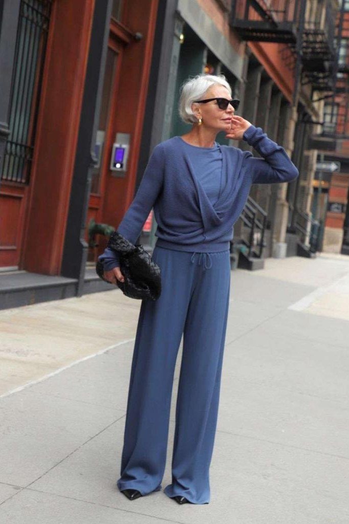 Blue Knit Set with Dark Clutch on older woman, cozy winter outfit for women over 60