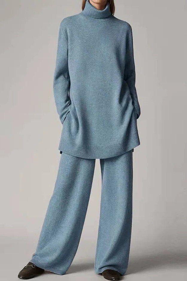 Light Blue Turtleneck Knit Set on older woman, cozy winter outfit for women over 60