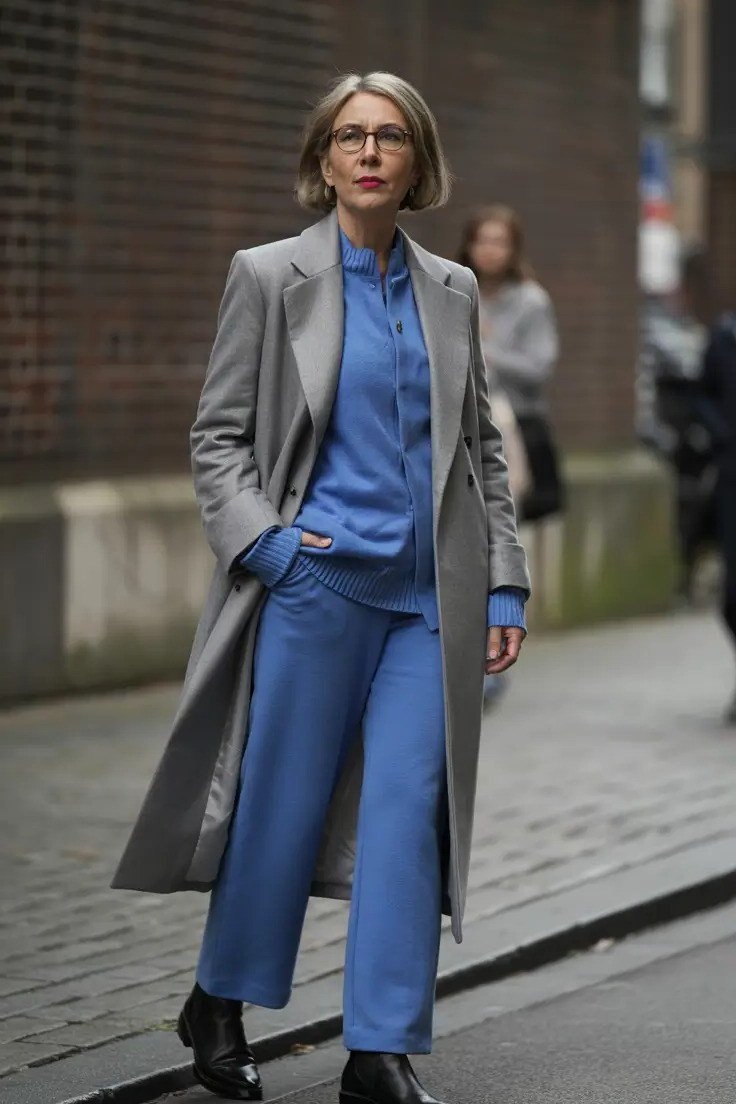 Blue Knit Set with Long Grey Coat on older woman, cozy winter outfit for women over 60