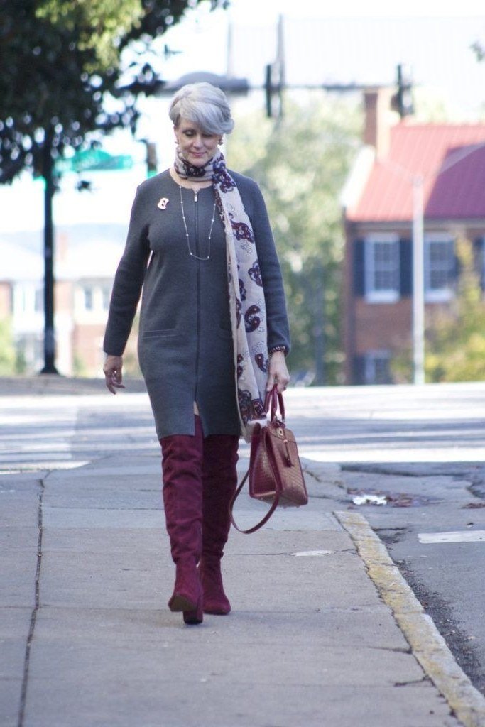 Grey Sweater Dress with Burgundy Knee-High Boots on older woman, cozy winter outfit for women over 60