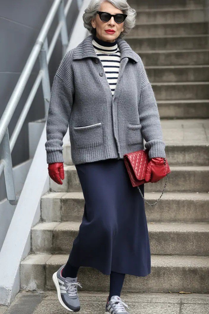 Grey Cardigan with Striped Turtleneck and Navy Skirt on older woman, cozy winter outfit for women over 60