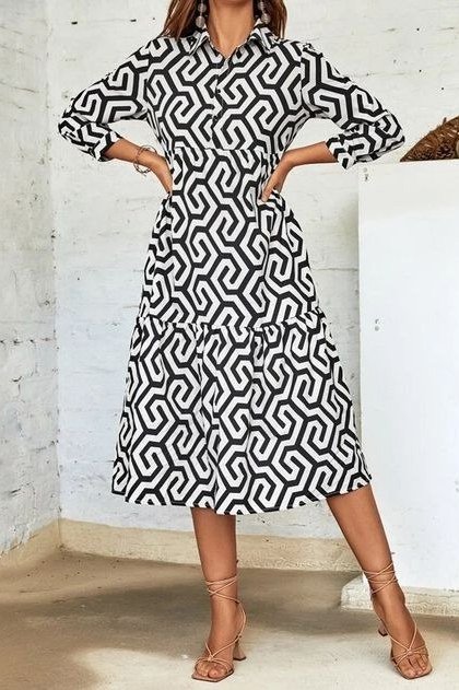 Black and White Geometric Knit Midi Dress on older woman, cozy winter outfit for women over 60