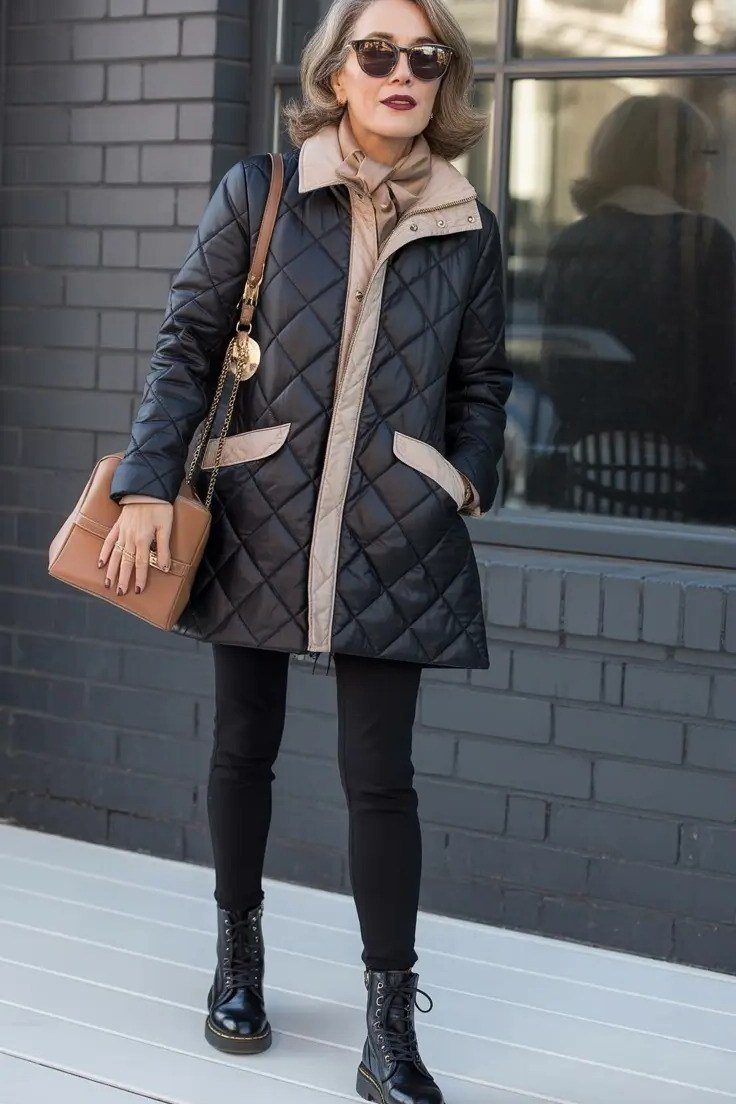 Navy Quilted Jacket with Black Trousers on older woman, cozy winter outfit for women over 60