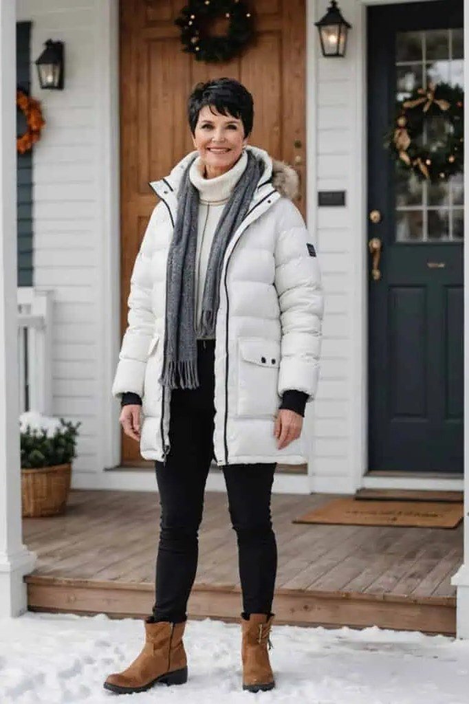 White Puffer Jacket with Grey Scarf on older woman, cozy winter outfit for women over 60