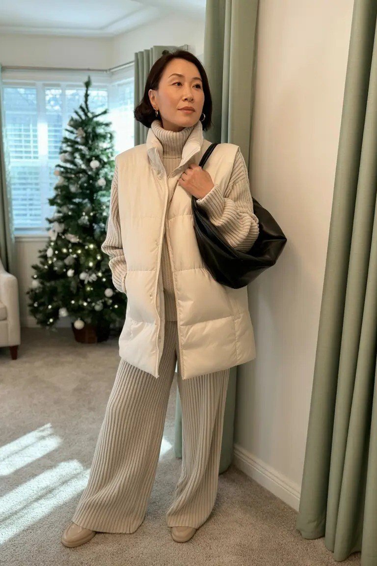 Cream Puffer Vest with Cream Turtleneck on older woman, cozy winter outfit for women over 60