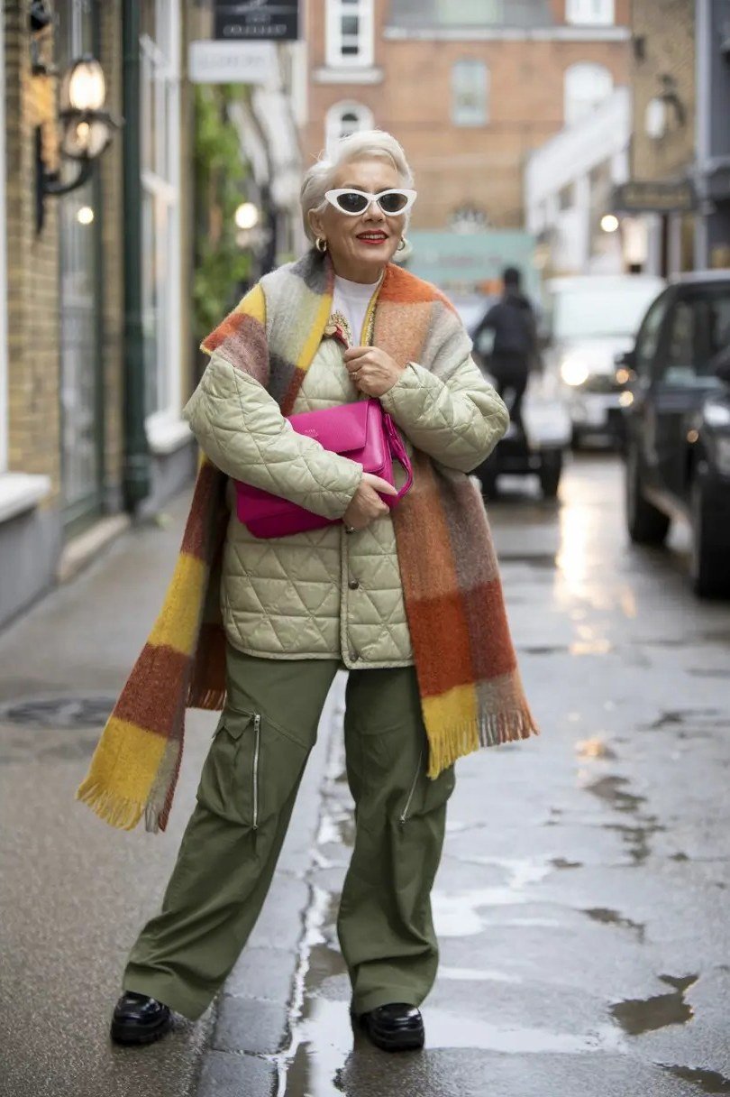Sage Quilted Jacket with Rust Scarf on older woman, cozy winter outfit for women over 60