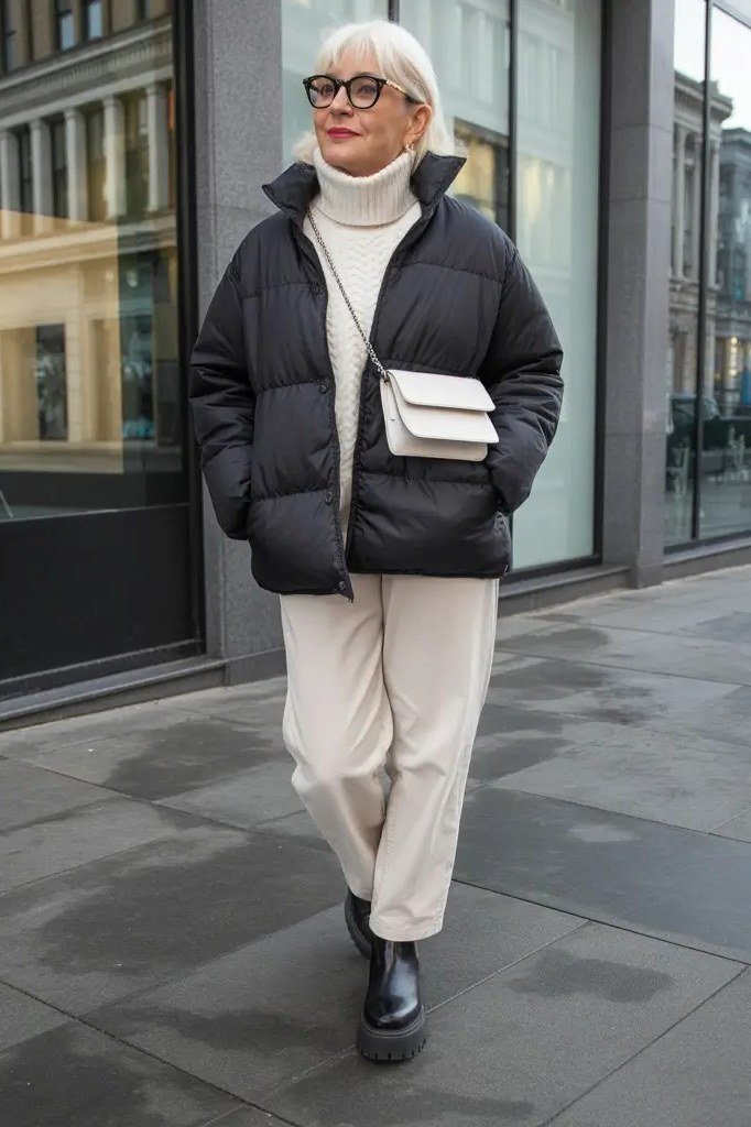 Black Puffer Jacket with Cream Turtleneck on older woman, cozy winter outfit for women over 60