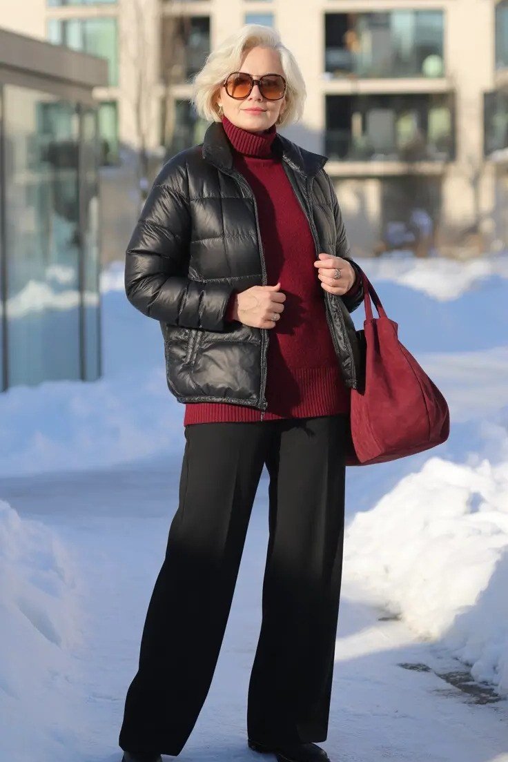 Black Quilted Jacket with Red Turtleneck on older woman, cozy winter outfit for women over 60