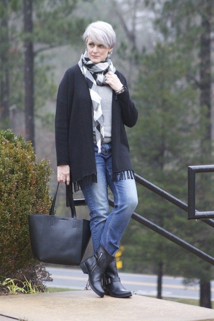 Black Cardigan with Patterned Scarf and Blue Jeans on older woman, cozy winter outfit for women over 60