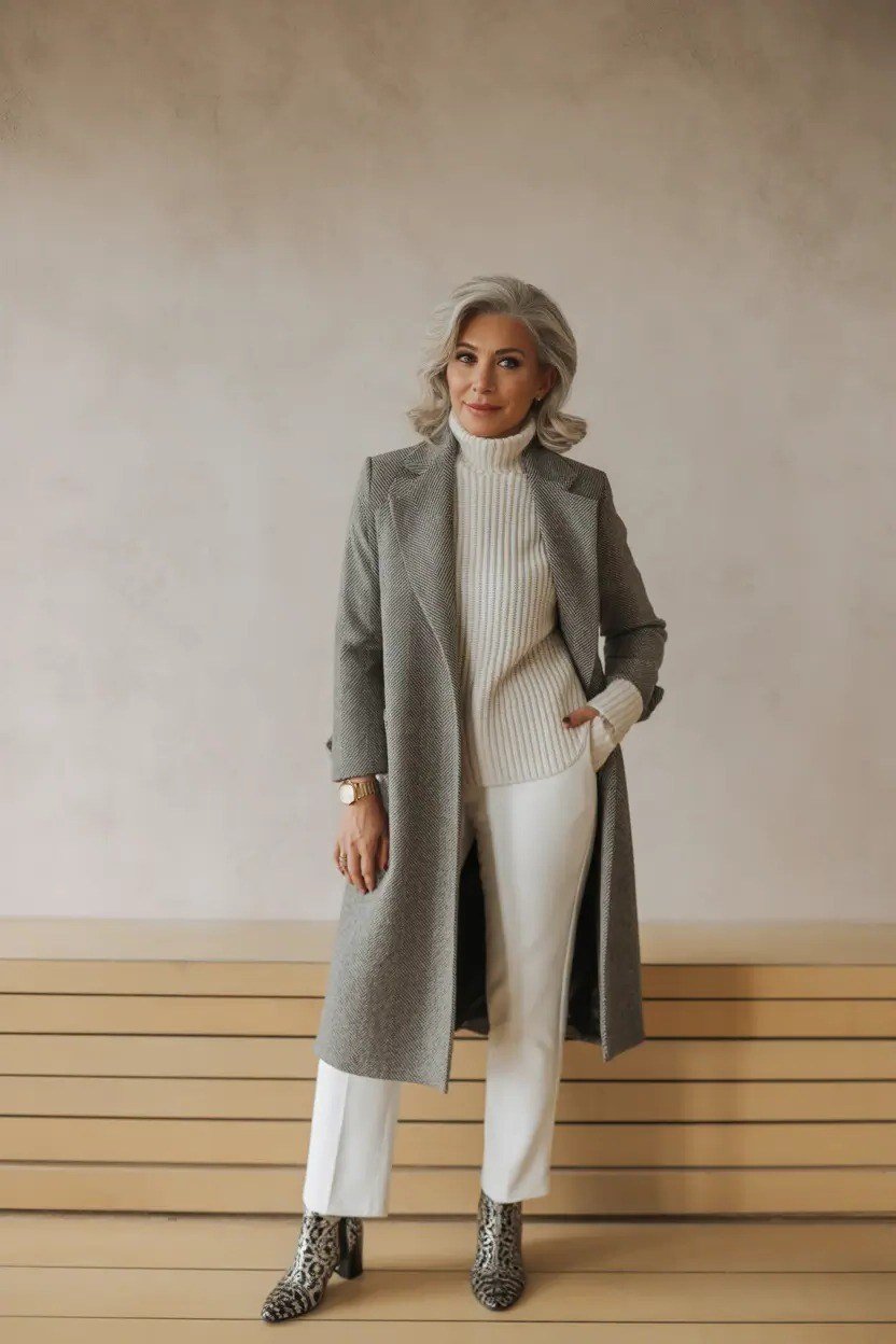 Cream Turtleneck with Long Grey Coat and White Trousers on older woman, cozy winter outfit for women over 60