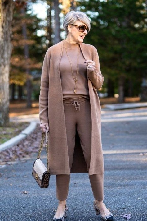 Mauve Knit Set with Long Mauve Cardigan on older woman, cozy winter outfit for women over 60