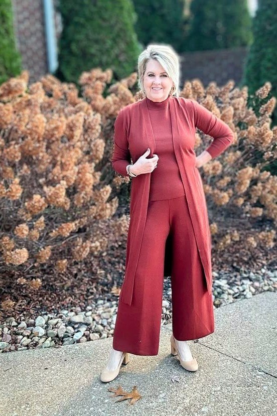 Rust Red Long Cardigan with Matching Trousers on older woman, cozy winter outfit for women over 60
