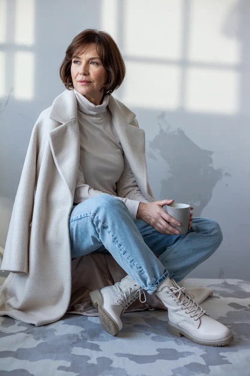 Cream Turtleneck with Cream Coat and Blue Jeans on older woman, cozy winter outfit for women over 60