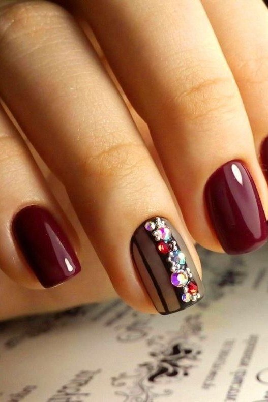 Black, Gold and Burgundy Luxe Nails - winter nail idea for women over 60
