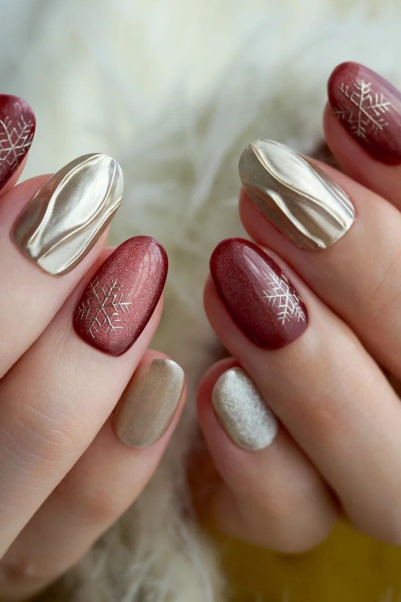 Silver Chrome Snowflake Nails - winter nail idea for women over 60