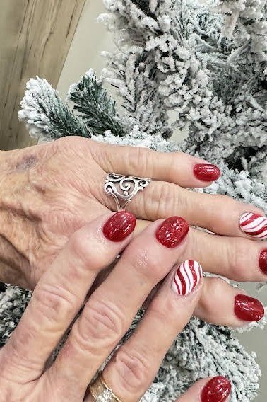 Burgundy and Nude Bow Nail Art - winter nail idea for women over 60