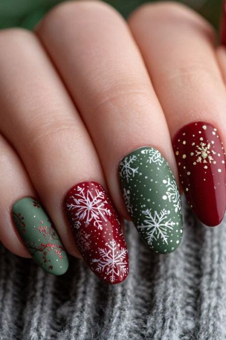 Burgundy Snowflake Nails - winter nail idea for women over 60