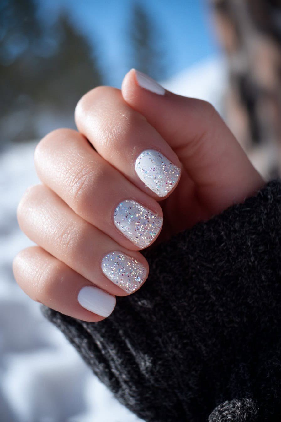 Emerald Glitter Snowman Nails - winter nail idea for women over 60