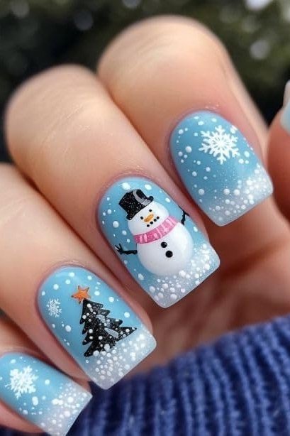 Blue Snowman Winter Scene for women over 60