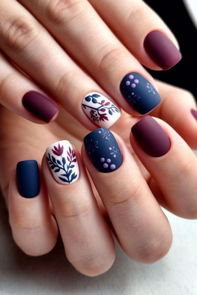 Burgundy short winter nails with blue snowflake nail art