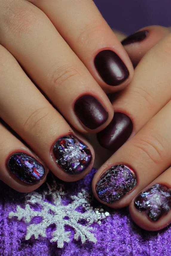 Dark plum galaxy snowflake short winter nails