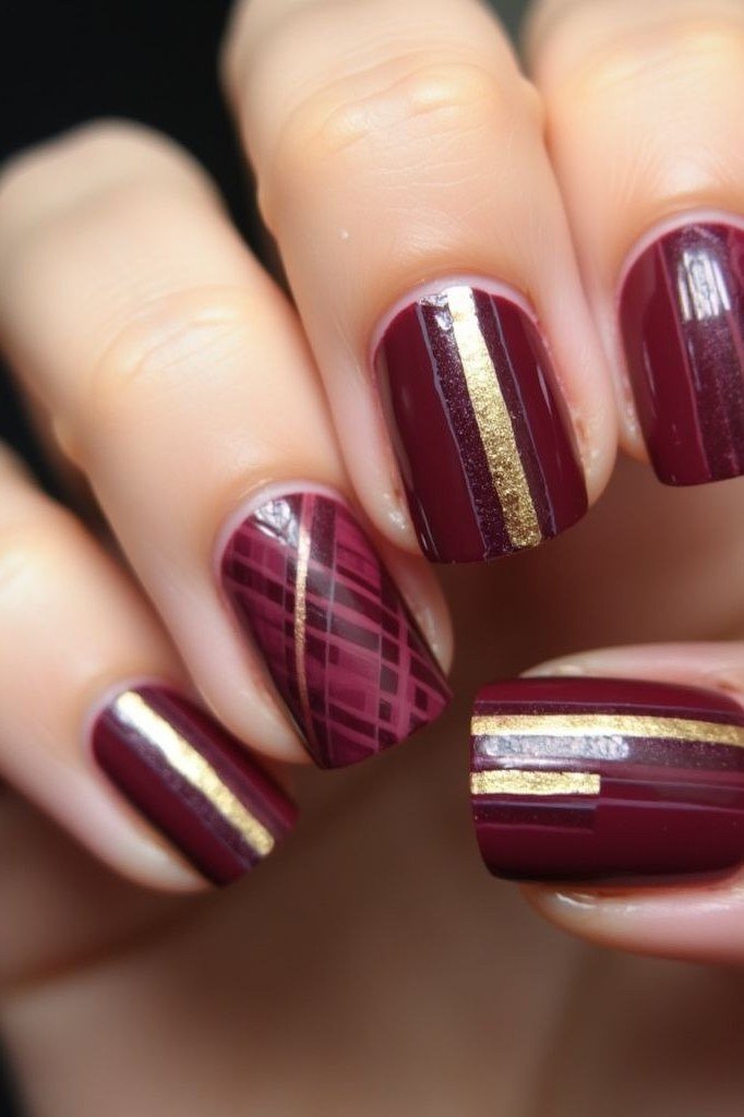 Oxblood short winter nails with gold stripe nail art