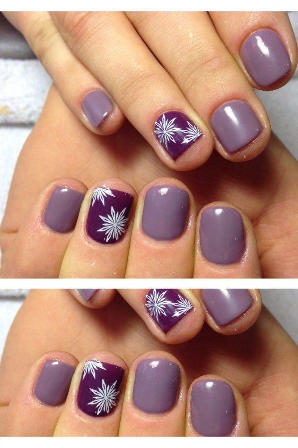 Gray mauve short winter nails with white snowflake art
