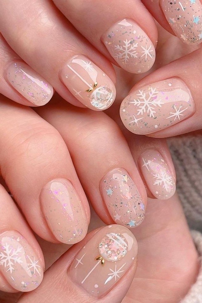 Nude short winter nails with snowflakes and stars