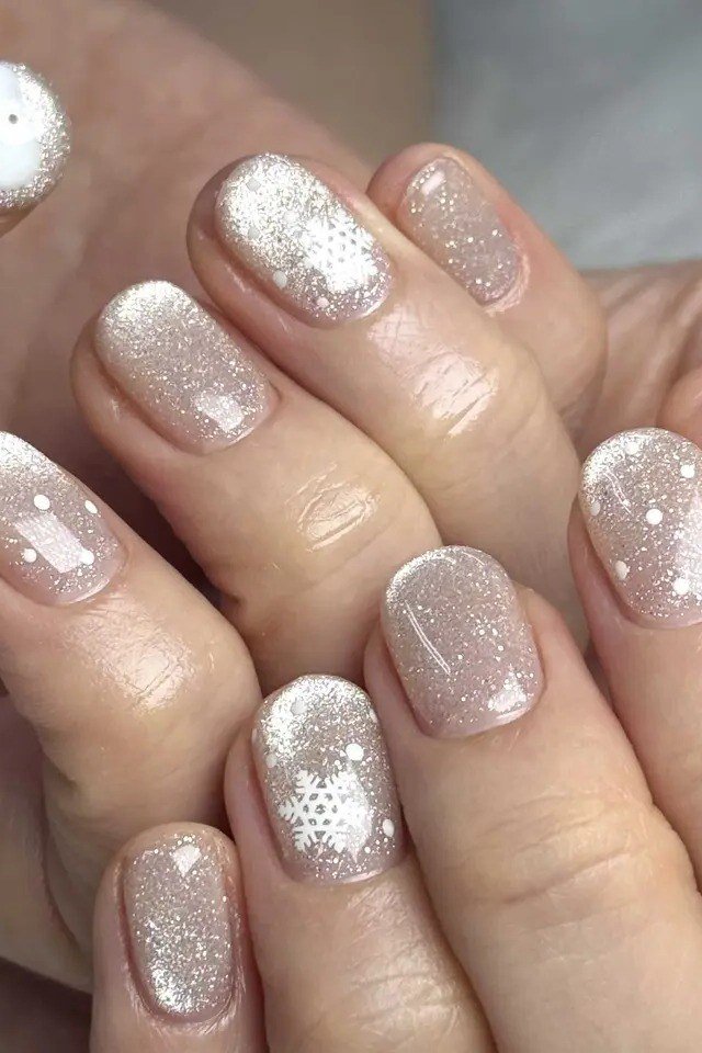 Silver white shimmer nails with snowman nail art