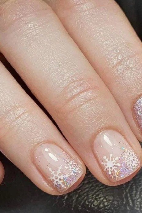 Lavender purple shimmer short winter nails with snowflakes
