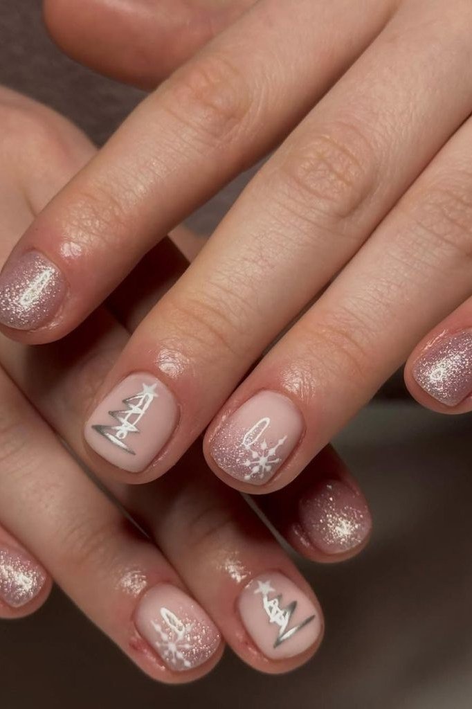 Rose gold shimmer nails with white winter line art