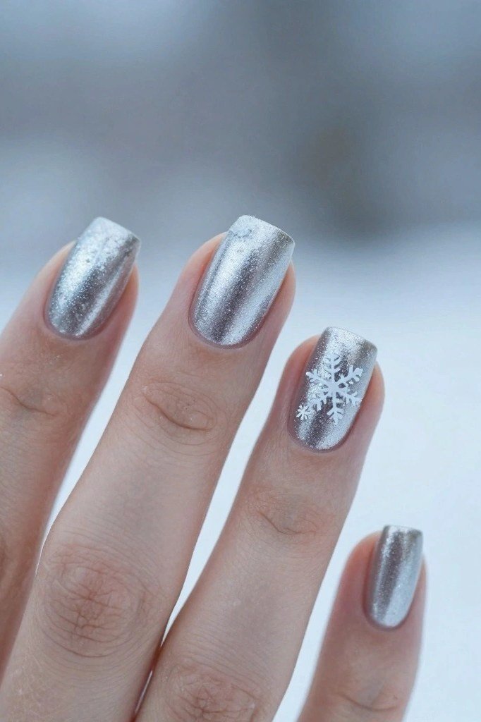 Chrome silver nails with snowflake art and wintry backdrop