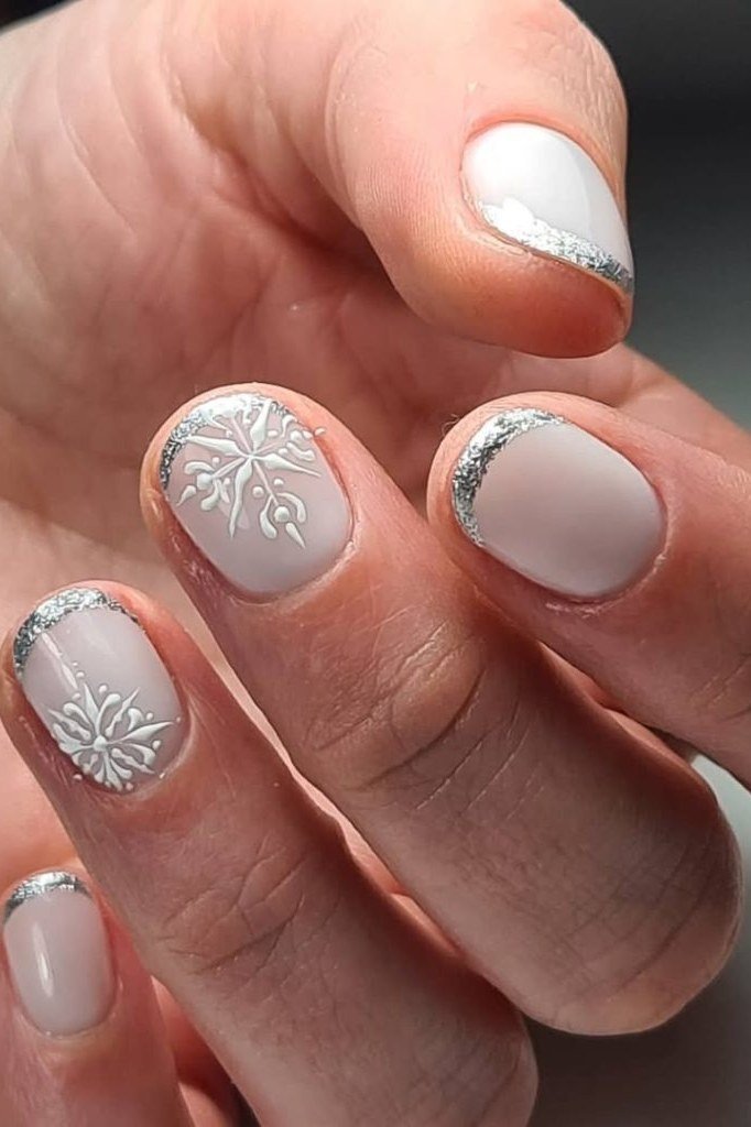 Taupe gray nails with silver glitter french outline