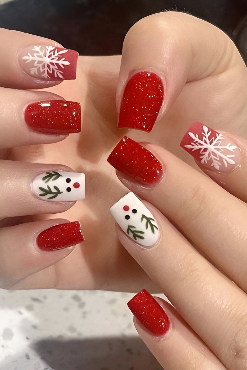 Red glitter short winter nails with snowman nail art