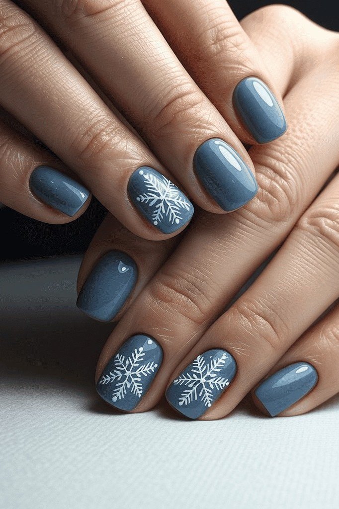 Slate blue short winter nails with white snowflakes