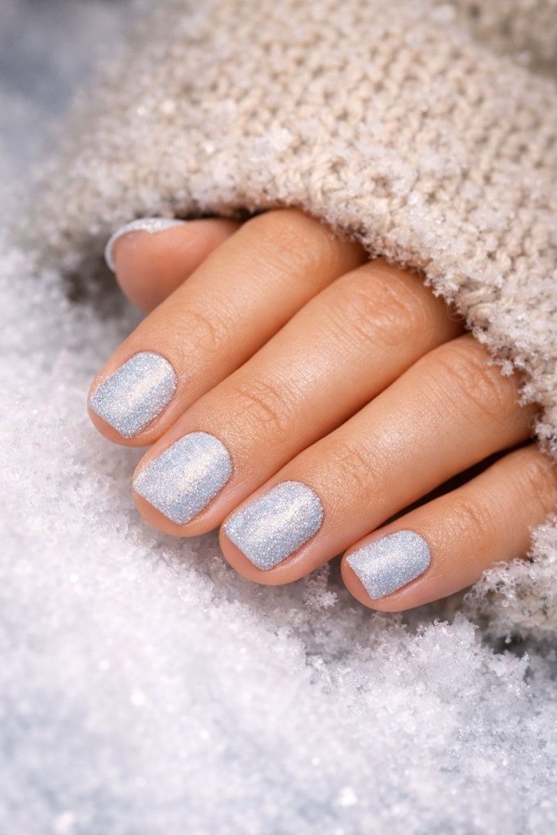 Pale blue glitter short winter nails with snowy backdrop