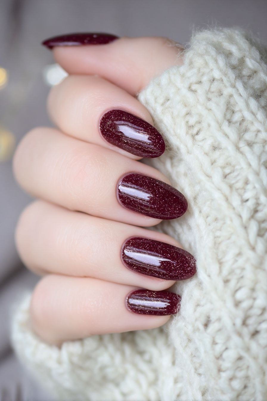 Oxblood Shimmer Almond Nails - timeless winter nail color for women over 60