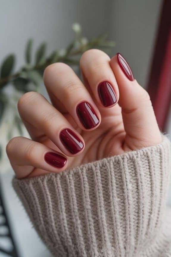 Oxblood Nails with a Cream Knit - timeless winter nail color for women over 60