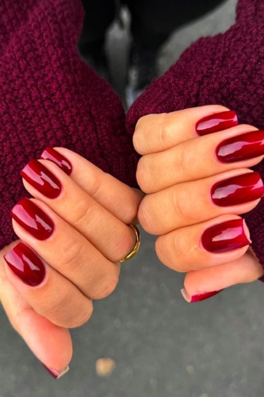 Red Nails with a Burgundy Knit - timeless winter nail color for women over 60