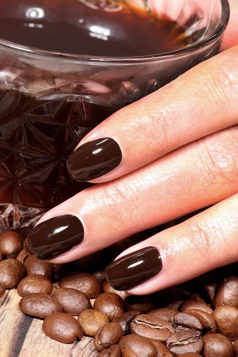 Espresso Nails with a Coffee Cup - timeless winter nail color for women over 60