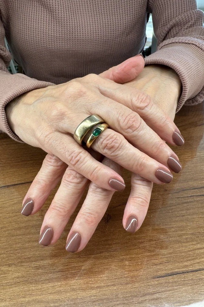 Mauve Nude Nails with a Wooden Table Warmth - timeless winter nail color for women over 60