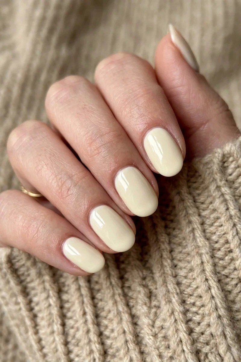 Creamy Beige Nails with a Cozy Knit Sleeve - timeless winter nail color for women over 60