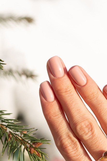 Nude Nails Beside a Snowy Pine Branch - timeless winter nail color for women over 60