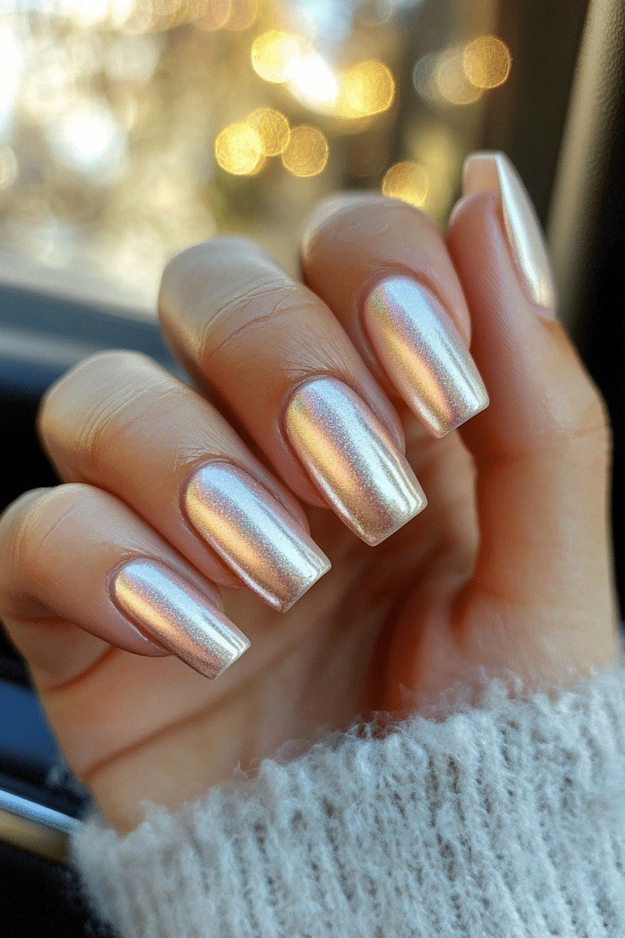 Chrome Pearl White Nails with a Sweater - timeless winter nail color for women over 60
