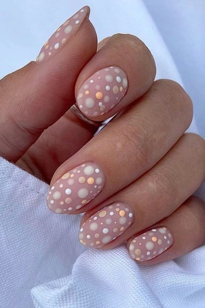 Nude Nails with Pearl Dot Art - timeless winter nail color for women over 60
