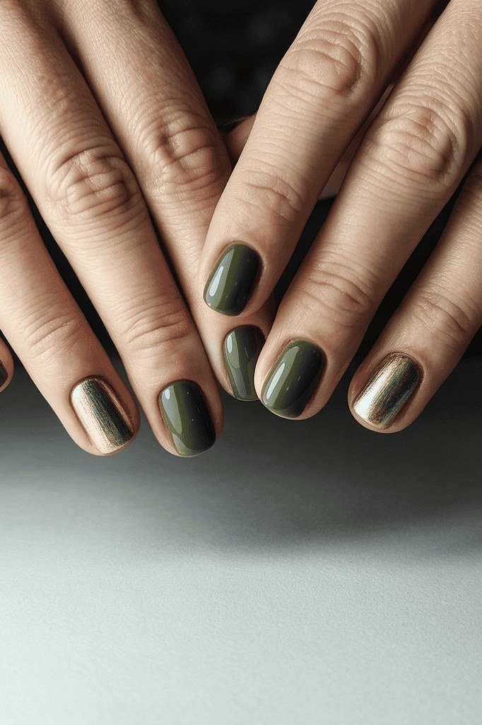 Olive Chrome Mixed Nails - timeless winter nail color for women over 60
